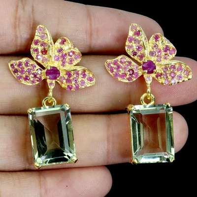 Pendientes de plata de ley 925 octágono amatista verde 14x10 mm piedras preciosas rubí Foto 1 de 4