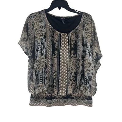 Blusa Top Style & Co Para Mujer XL Estampado Boho Manga Corta Beige Foto 1 de 4