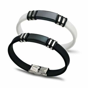 Men Boy Punk Charm Wristband Bracelet Stainless Steel Silicon Rubber Cuff Bangle