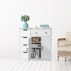 Storage Bathroom Cabinet 2 Doors 5 Drawers Bathroom Cabinet White - Picture 1 of 6
