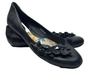 Born Black Leather Ballet Flats Women's 12 Flower Applique Shoes - Picture 1 of 10