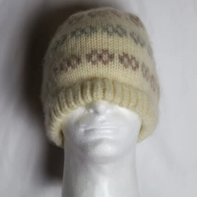 Hansen длинный Beanie шерсти бриллиант трикотажа зима слоновой кости белая шляпа OS США 80-х винтажный - Изображение 1 из 4