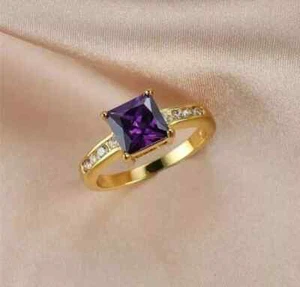 Engagement Ring 2 Ct Princess Cut Lab-Created Amethyst in 14k Yellow Gold Plated - Picture 1 of 4
