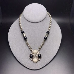 1928 Pendant Necklace Vintage Black White Plastic Cabochon Cross Silver Tone - Picture 1 of 9