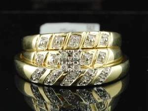 10K Mens Ladies Yellow Gold Diamond Engagement Ring Wedding Band Trio Bridal Set - Picture 1 of 11