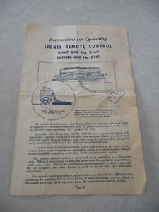 INSTRUCTIONS FOR OPERATING LIONEL REMOTE CONTROL DUMP CAR AND LUMBER CAR, 1950! - Picture 1 of 2