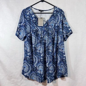 a.Jesdani Top Womens Sz 3x Blue Geometric Pullover Button Peasant Casual-NEW - Picture 1 of 9