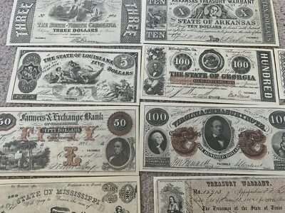 US Confederate Dollars  Facsimile  $1, $5, $10,$20,$50, $100, $2,$3 and 25 cents - Image 1 of 4