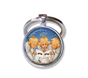 Precious Trio Christmas Angels - Handmade ROUND Glass Pendant Keychain Key ring - Picture 1 of 7