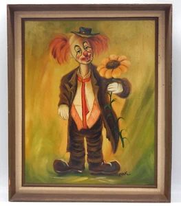 Pintura al óleo vintage 1977 hobo payaso sosteniendo girasol firmada por artista enmarcada - Imagen 1 de 8
