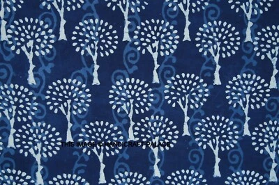25 Yard Indigo Blue Trees Hand Block Print Cotton Craft Sewing Running Fabric - Image 1 of 3