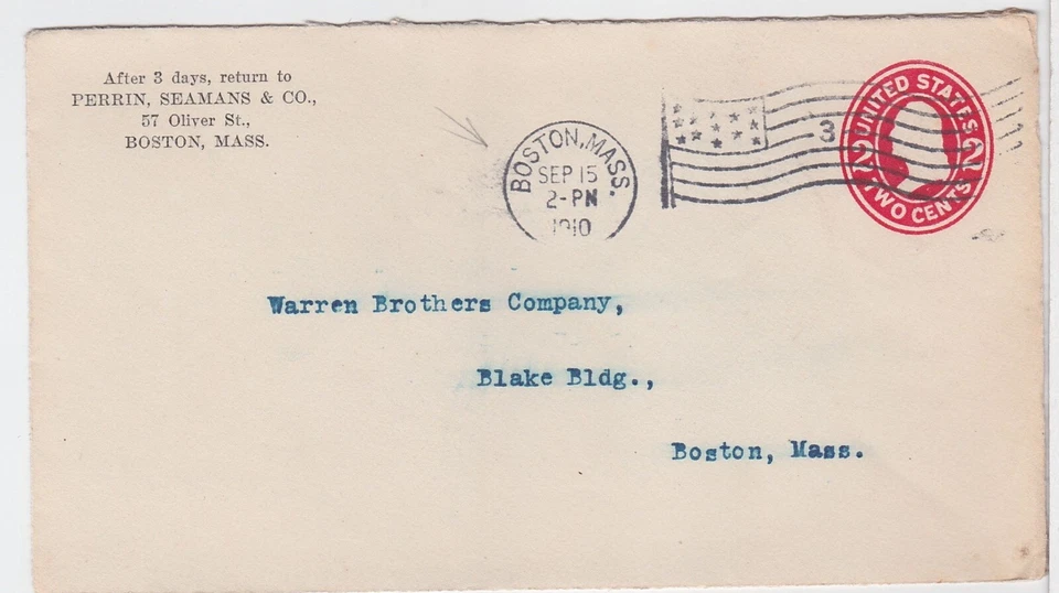 TurtlesTradingPost- Boston MA Flag Cancel 1910- Perrin, Seamans & Co Corner Card - Image 1 of 1