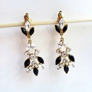 Trifari Gold Tone Clip On Earrings Drop Dangle Black Clear Rhinestone  - Picture 1 of 8