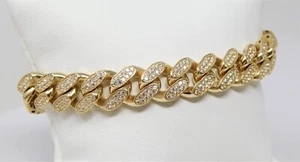 14 kt Gold Pave Diamond Substitutes Cuban Link Flexible Bracelet 7 5/8" B6234 - Picture 1 of 8