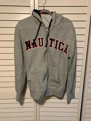 Jaqueta moletom com capuz NAUTICA masculina grande zíper completo lã SPELLOUT cinza vermelho - Imagem 1 de 4