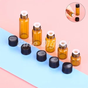 10Pcs 1/2/3/4/5ml Amber Glass Essential Oil Bottle Concave Inner Plug &Black Cap - Picture 1 of 14