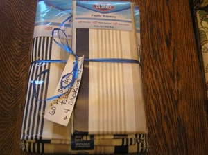 Clorox Oblong 60x84" NAVY~KHAKI~WHITE Striped Tablecloth & 4 Matching Napkin~NIP - Picture 1 of 4