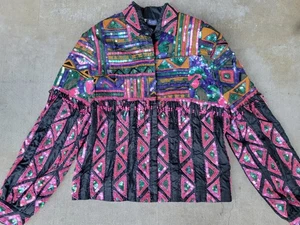 Chaqueta de seda vintage adornada lentejuelas cuentas flecos años 80 90 pequeña - Imagen 1 de 13