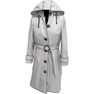 Women's PVC Leather Trench Vinyl Shiny Light Weighted Raincoat Hood Trench Coats - Image 1 of 4