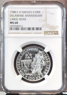 1988 SWEDEN SILVER 100 KRONOR DELAWARE ANNIV LARGE HEAD NGC MS 68 RARE TOP POP 1 - Image 1 of 3