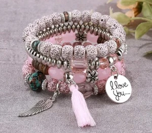 X 4 trennbare Armbänder silber / rosa, elastisch, I Love You, neu - Bild 1 von 2