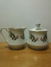 Christmas Holly Fine Porcelain  Creamer & Sugar w/Lid Gold Trim Origin Box Japan