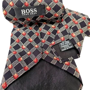 BOSS Hugo Boss Silk Necktie Taupe Grid on Black + Red Made in Italy 4"W x 56 - Picture 1 of 6