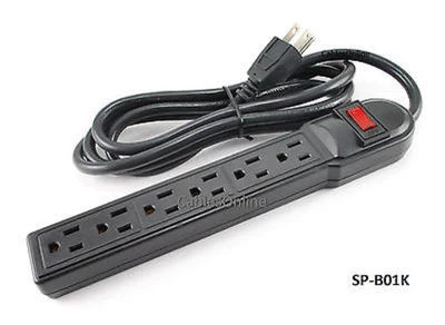 6 Outlet Surge Protector 90J / 15AMP Power Strip w/ 6ft Cable, Black, SP-B01K - Image 1 of 3