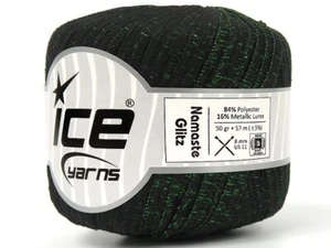 Namaste Glitz Ribbon Yarn 80630 Black w Green Metallic Ice Yarns 50gr 50y 1/4"wd - Picture 1 of 3