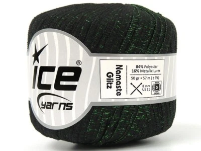 Namaste Glitz Ribbon Yarn 80630 Black w Green Metallic Ice Yarns 50gr 50y 1/4"wd - Image 1 of 3