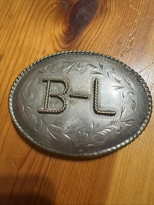 Vintage Oval Shaped Belt Buckle Handcrafted Raised B-L Nickel - Image 1 of 4