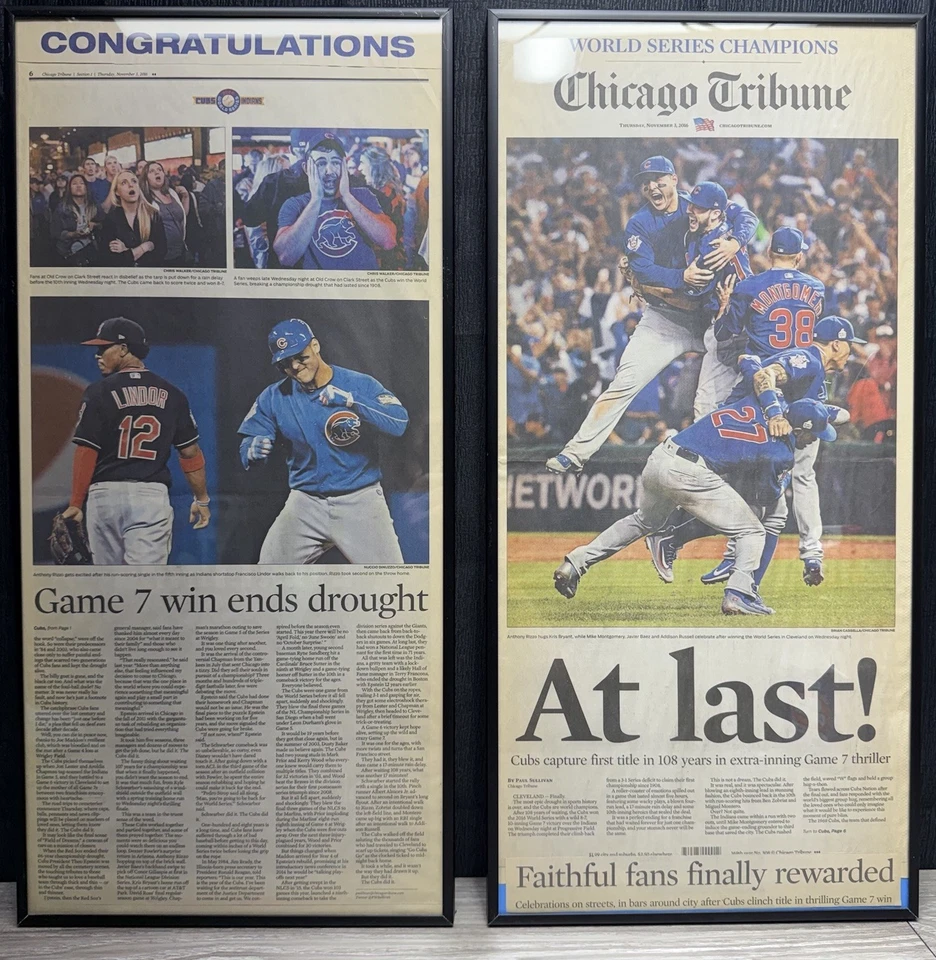 Impresiones de periódicos de la Serie Mundial de los Chicago Cubs 2016 enmarcadas el 3 de noviembre de 2016 Foto 1 de 4