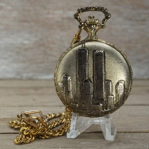 Vintage Gold Twin Towers Patriot  Pocket Watch  WTC  Quartz New Battery Works - Picture 1 of 3