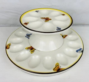 Vintage Deviled Egg 2 Tiered Platter Plate w/ Reversible Cake Stand Butterflies - Picture 1 of 11