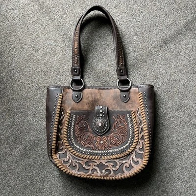 Montana West Brown Studded Embroidered Shoulder Hand Bag Western Cowgirl Purse - Image 1 of 4