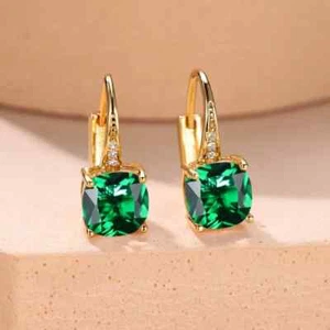 18K Gold Filled Emerald Green Square Cut Zirconia Lever Back Earrings - Picture 1 of 4
