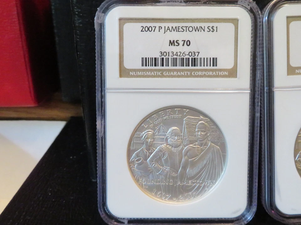 2007 p jamestown $1 NGC MS70 w/Jamestown postmarked stamp affixed - Image 1 of 4