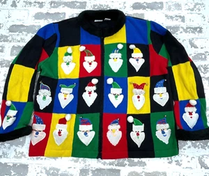 Vintage Christmas Sweater Women Large Cardigan Full Zip Santa Bells AOP 90s Y2K - Picture 1 of 12