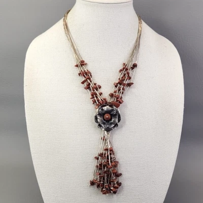 Goldstone Layered Necklace Sterling Silver Tassel Glass Chips Flower Medallion - Image 1 of 4