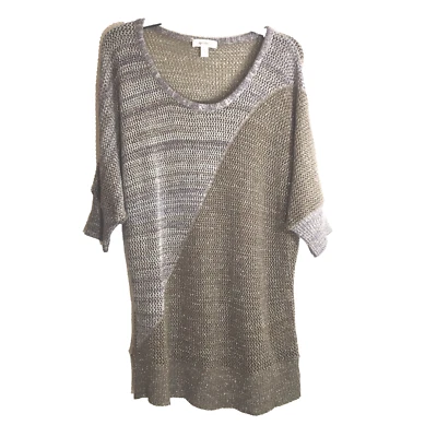 Dressbarn Crochet Open Knit Sweater Top Short Sleeve Plus 2XL Tan Silver Purple — 第 1/4 张图片