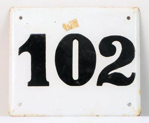 VINTAGE WHITE ENAMEL PORCELAIN STREET SIGN BUDAPEST HUNGARY ~7" LONG ADDRESS 102 Cover