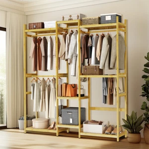 Heavy Duty Bamboo Closet System Clothes Rack Large Garment Stand with 8 Shelves - Picture 1 of 12