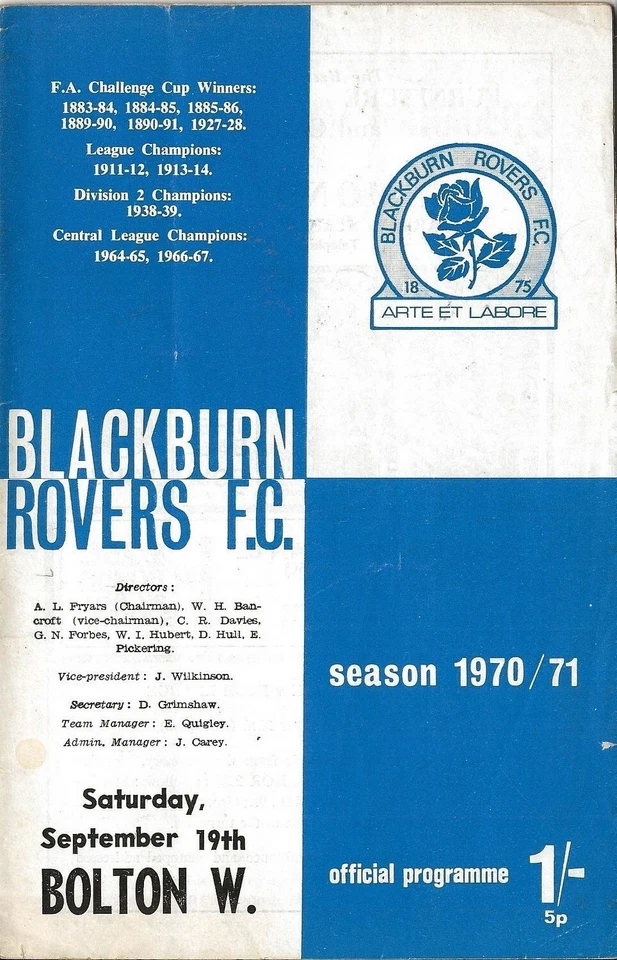 Football Programme BLACKBURN ROVERS v BOLTON WANDERERS Sept 1970 - Image 1 of 1