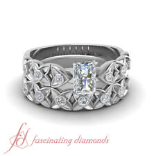 3/4 Carat Radiant Cut Diamond Wedding Rings Set With Bezel Set Round Accents GIA