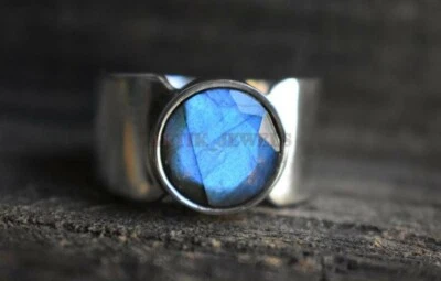 Naturale Pietra Labradorite Con 14K Placcato Oro Bianco Argento Anello per - Immagine 1 di 4