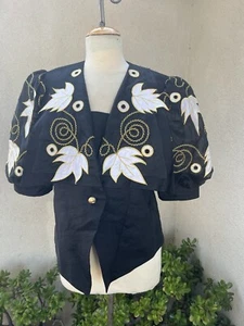 Camicetta Top Vintage Elegante Lino Nero Oro Bianco Floreale Tg M/L DaVinci - Foto 1 di 11