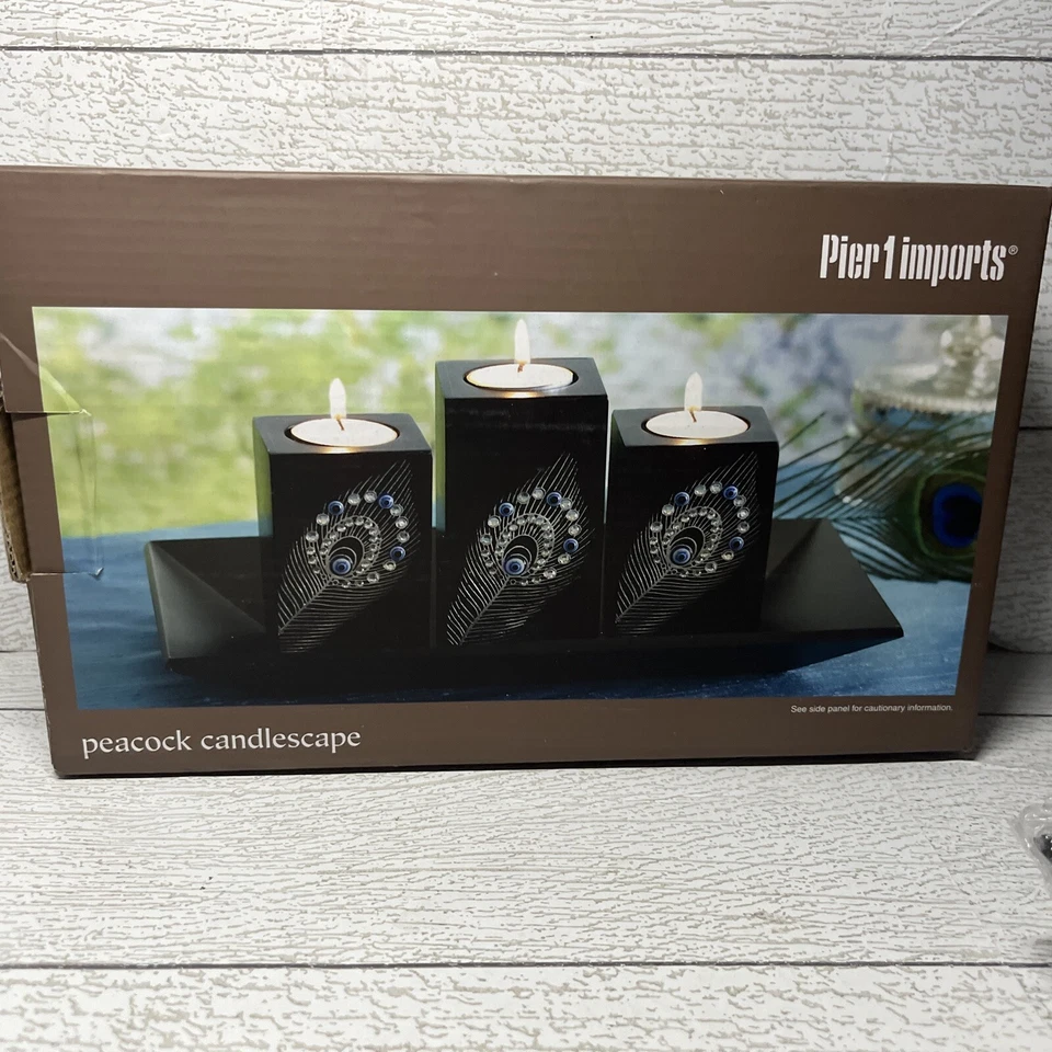 Portavelas Pier 1 Peacock Candlescape luz de té plumas con joyas gris nuevo Foto 1 de 4
