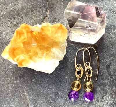Studio Art 14K Gold Amethyst & Citrine Earrings. Gemstones. Dangle Drop. Simple - Image 1 of 4