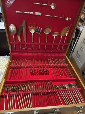 Vintage Bronze Nickel Flatware Set - 144 Pieces - Bamboo Handle - MCM - Image 1 of 4