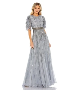 MacDuggal Sz 4 Embellished Layered Flutter Sleeve Gown Silver Gray $698 NWT Flaw - Picture 1 of 23